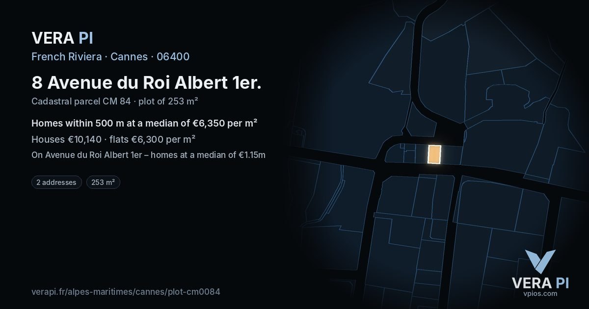 8 Avenue du Roi Albert 1er, Cannes at night – the plot lit, the parcels around coloured by the prices near them
