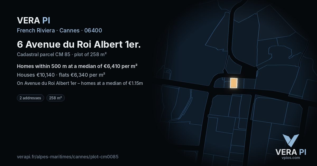 6 Avenue du Roi Albert 1er, Cannes at night – the plot lit, the parcels around coloured by the prices near them