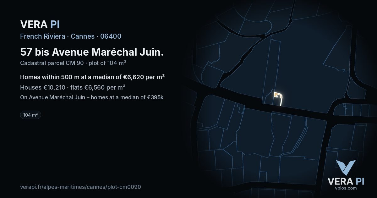 57 bis Avenue Maréchal Juin, Cannes at night – the plot lit, the parcels around coloured by the prices near them