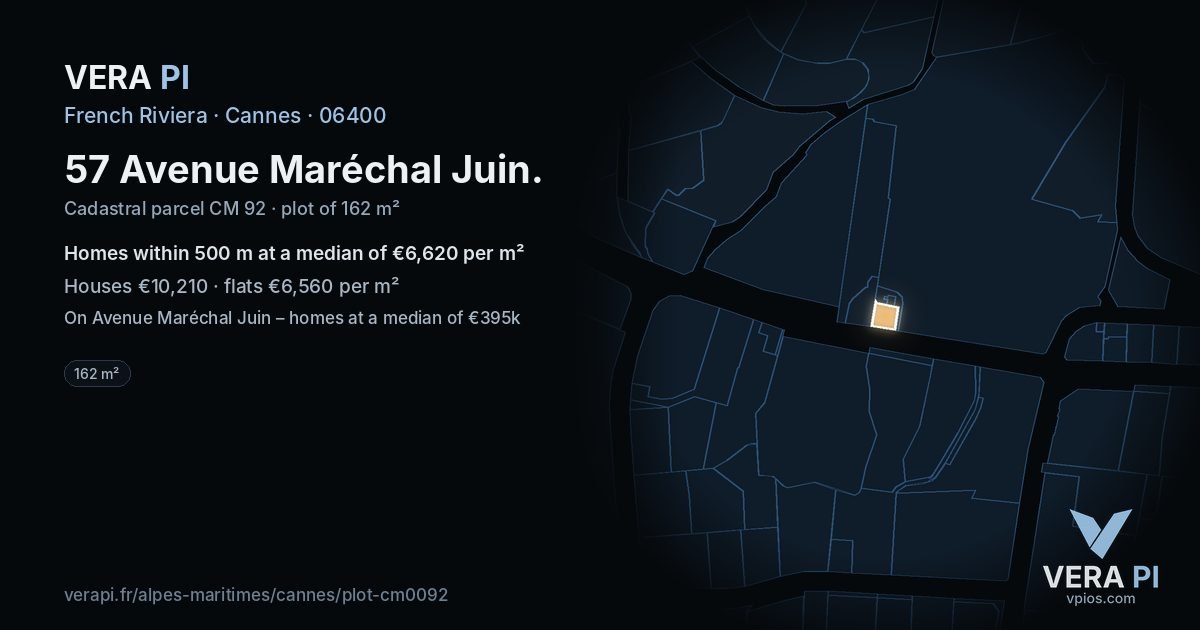 57 Avenue Maréchal Juin, Cannes at night – the plot lit, the parcels around coloured by the prices near them