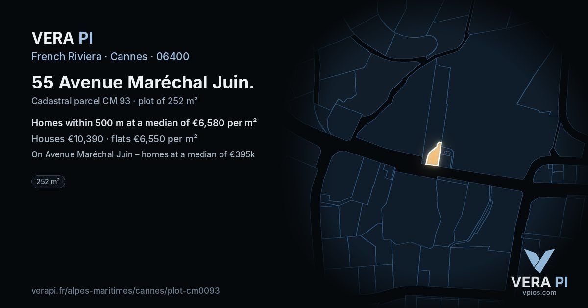 55 Avenue Maréchal Juin, Cannes at night – the plot lit, the parcels around coloured by the prices near them