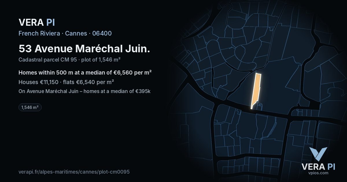 53 Avenue Maréchal Juin, Cannes at night – the plot lit, the parcels around coloured by the prices near them