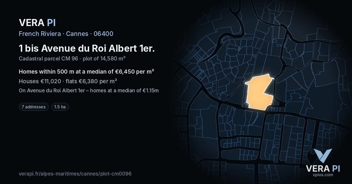 1 bis Avenue du Roi Albert 1er, Cannes at night – the plot lit, the parcels around coloured by the prices near them