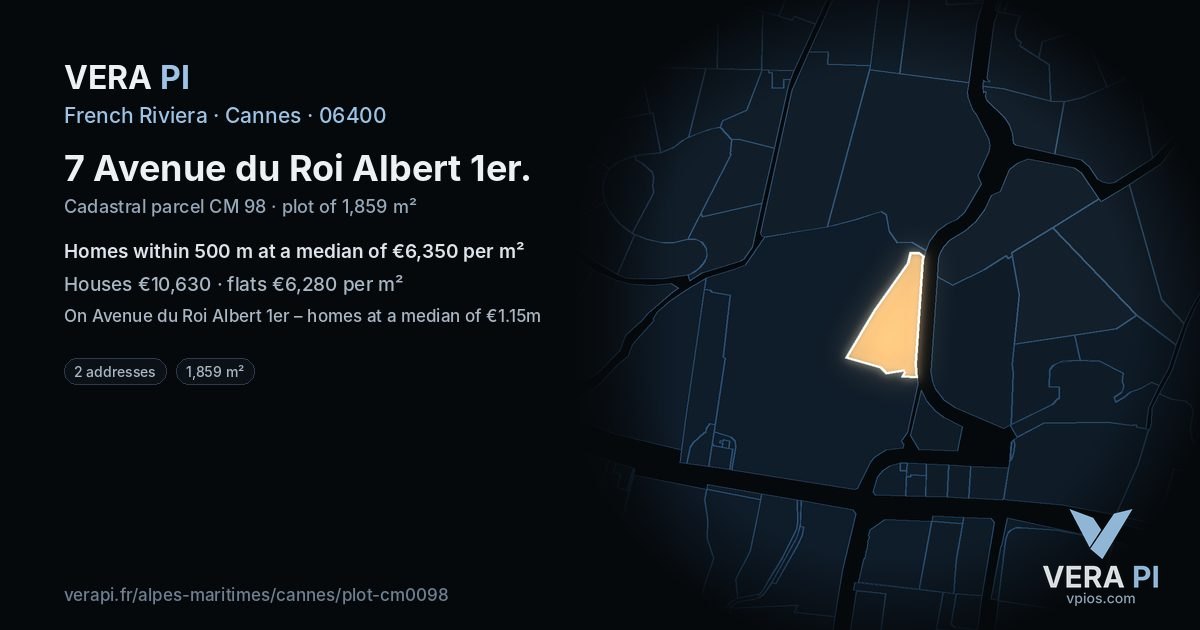 7 Avenue du Roi Albert 1er, Cannes at night – the plot lit, the parcels around coloured by the prices near them