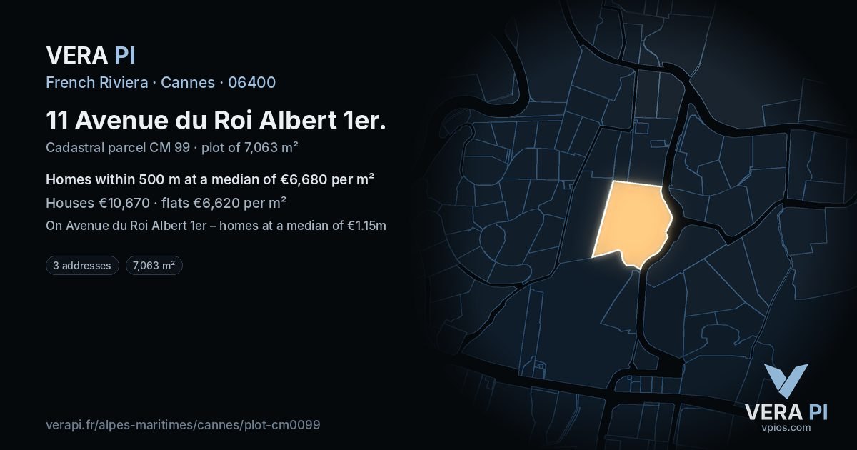 11 Avenue du Roi Albert 1er, Cannes at night – the plot lit, the parcels around coloured by the prices near them
