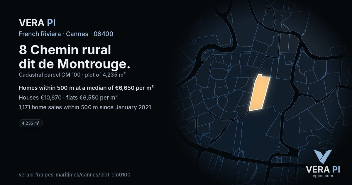 8 Chemin rural dit de Montrouge, Cannes at night – the plot lit, the parcels around coloured by the prices near them