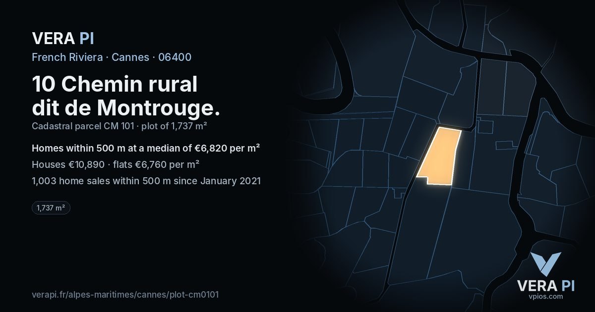 10 Chemin rural dit de Montrouge, Cannes at night – the plot lit, the parcels around coloured by the prices near them