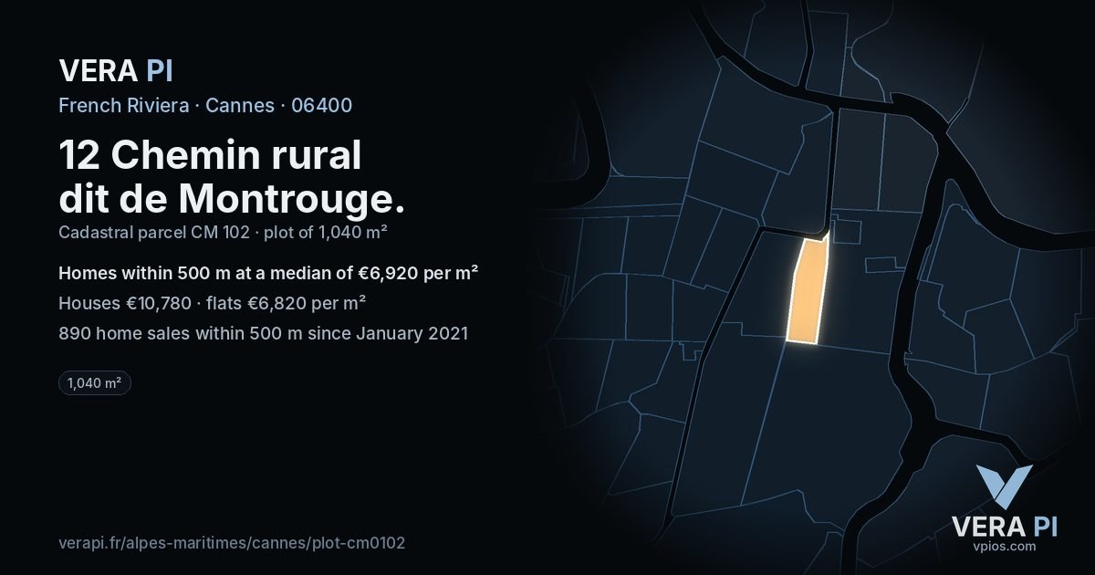 12 Chemin rural dit de Montrouge, Cannes at night – the plot lit, the parcels around coloured by the prices near them