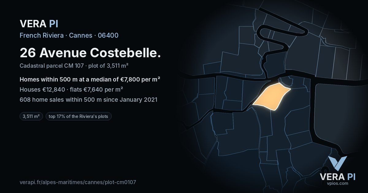 26 Avenue Costebelle, Cannes at night – the plot lit, the parcels around coloured by the prices near them