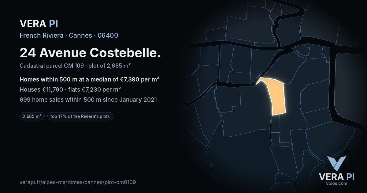 24 Avenue Costebelle, Cannes at night – the plot lit, the parcels around coloured by the prices near them