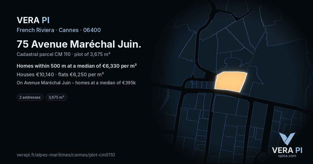 75 Avenue Maréchal Juin, Cannes at night – the plot lit, the parcels around coloured by the prices near them