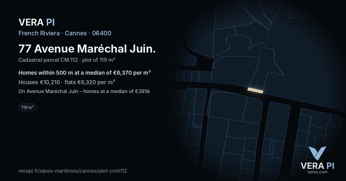 77 Avenue Maréchal Juin, Cannes at night – the plot lit, the parcels around coloured by the prices near them