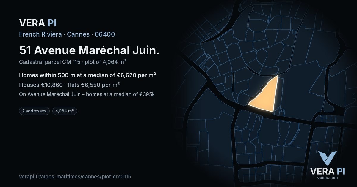51 Avenue Maréchal Juin, Cannes at night – the plot lit, the parcels around coloured by the prices near them