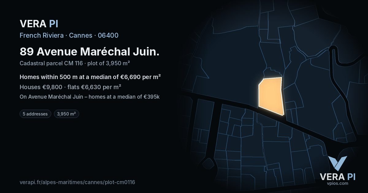 89 Avenue Maréchal Juin, Cannes at night – the plot lit, the parcels around coloured by the prices near them