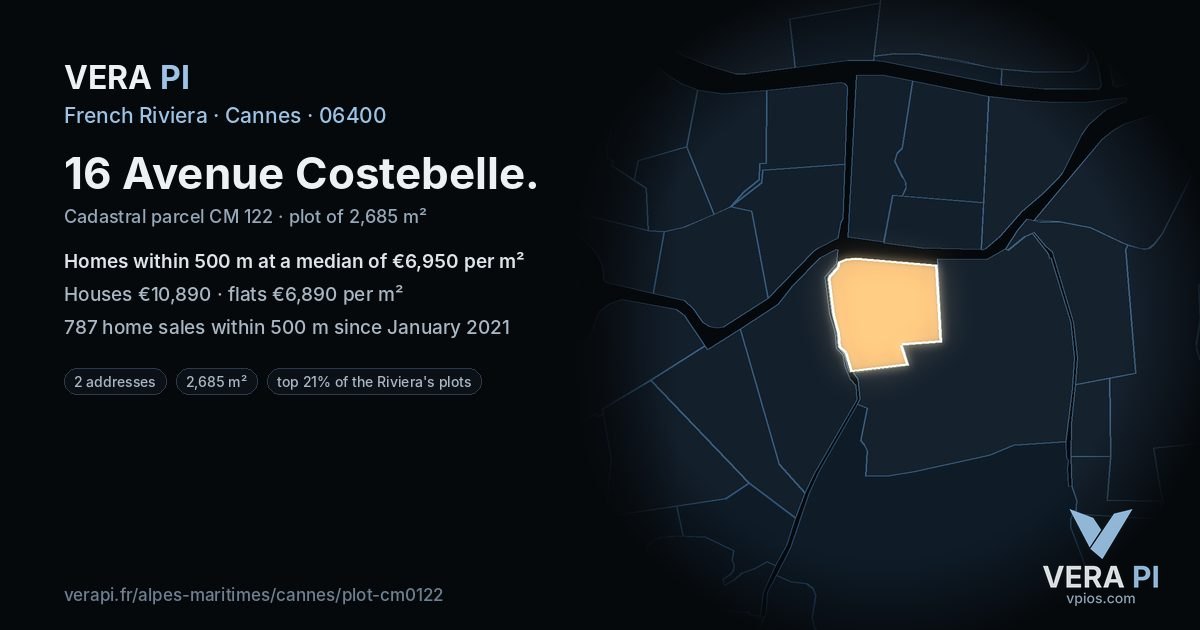 16 Avenue Costebelle, Cannes at night – the plot lit, the parcels around coloured by the prices near them