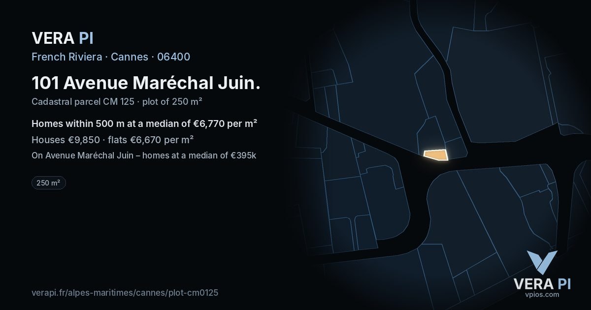 101 Avenue Maréchal Juin, Cannes at night – the plot lit, the parcels around coloured by the prices near them