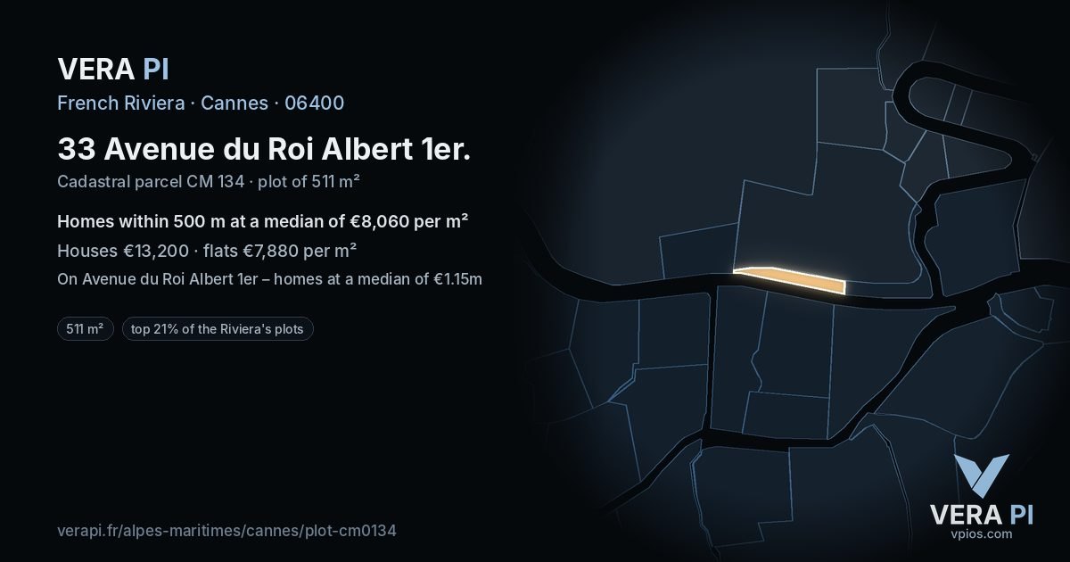 33 Avenue du Roi Albert 1er, Cannes at night – the plot lit, the parcels around coloured by the prices near them