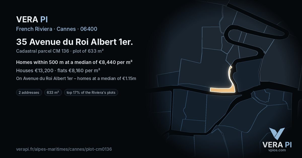 35 Avenue du Roi Albert 1er, Cannes at night – the plot lit, the parcels around coloured by the prices near them