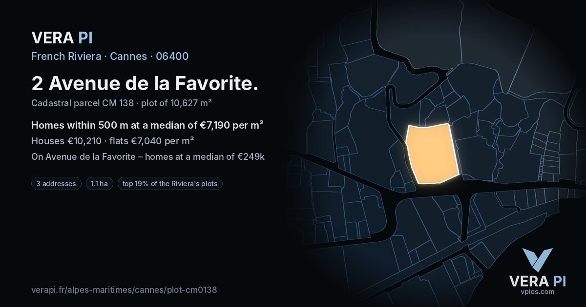 2 Avenue de la Favorite, Cannes at night – the plot lit, the parcels around coloured by the prices near them
