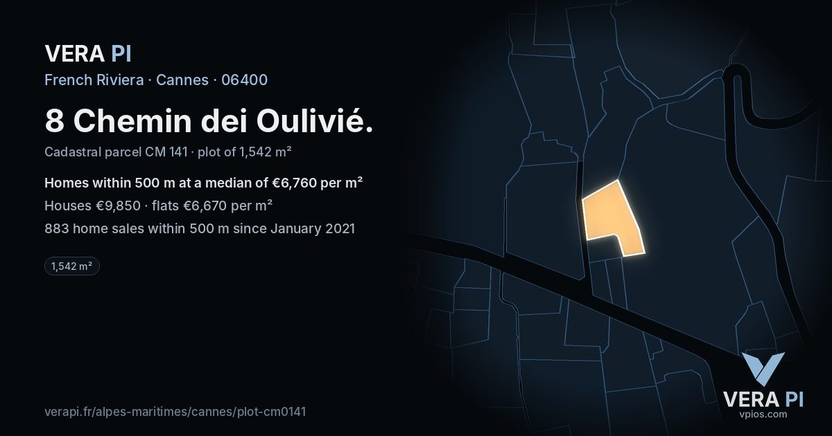 8 Chemin dei Oulivié, Cannes at night – the plot lit, the parcels around coloured by the prices near them