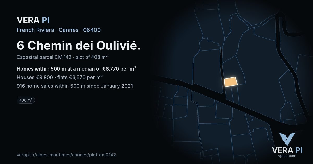 6 Chemin dei Oulivié, Cannes at night – the plot lit, the parcels around coloured by the prices near them