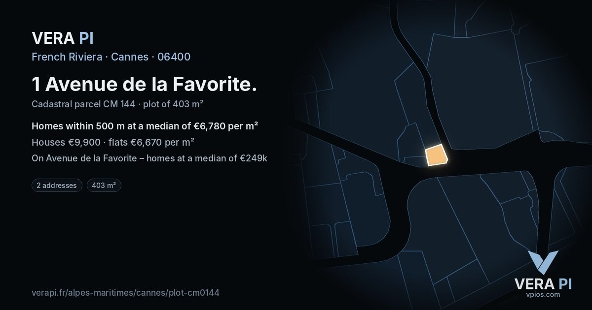 1 Avenue de la Favorite, Cannes at night – the plot lit, the parcels around coloured by the prices near them