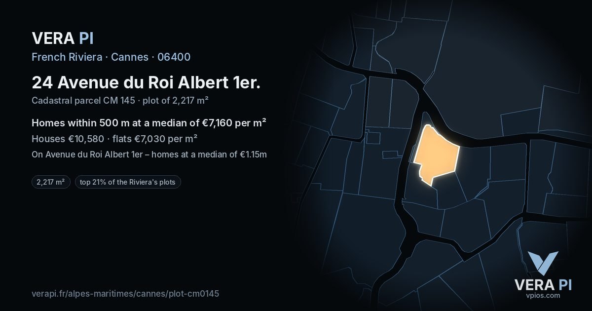 24 Avenue du Roi Albert 1er, Cannes at night – the plot lit, the parcels around coloured by the prices near them