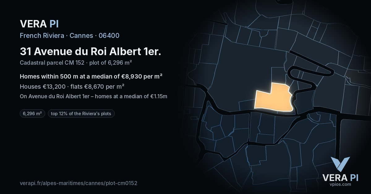 31 Avenue du Roi Albert 1er, Cannes at night – the plot lit, the parcels around coloured by the prices near them