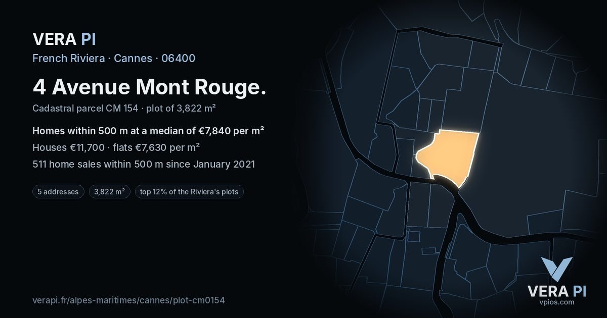 4 Avenue Mont Rouge, Cannes at night – the plot lit, the parcels around coloured by the prices near them