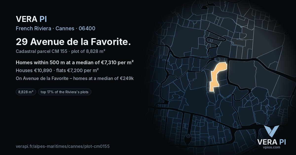 29 Avenue de la Favorite, Cannes at night – the plot lit, the parcels around coloured by the prices near them