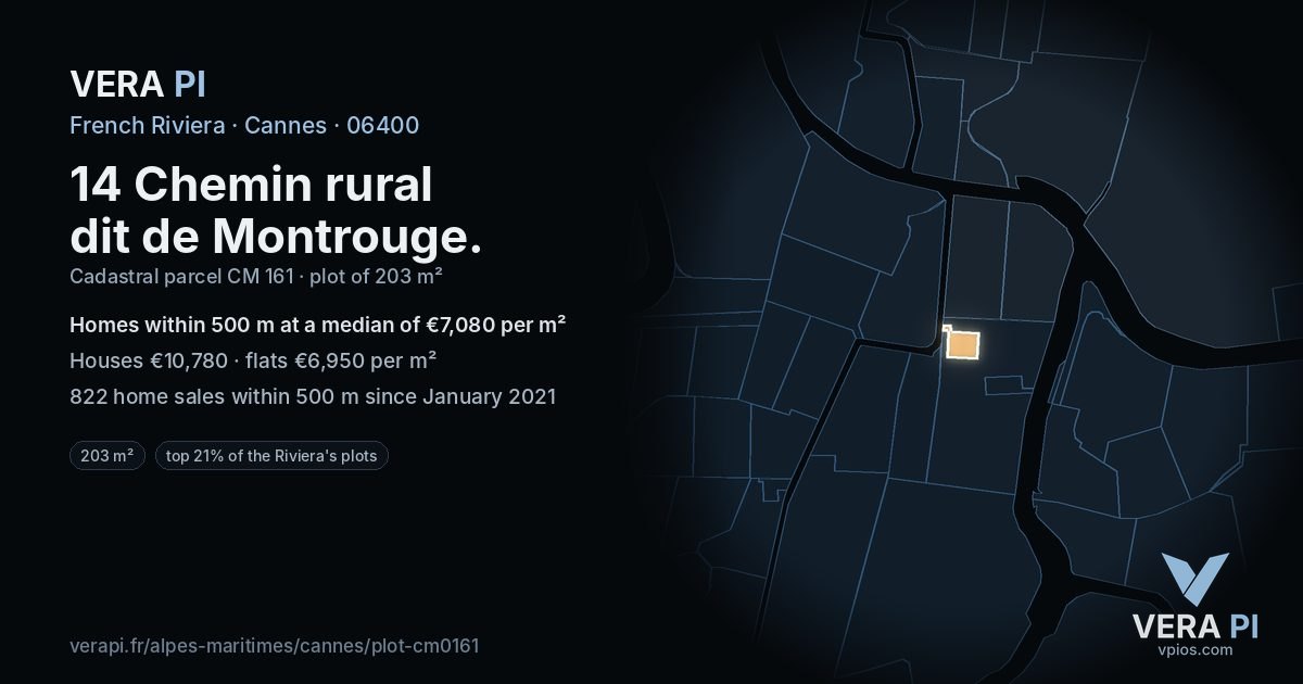 14 Chemin rural dit de Montrouge, Cannes at night – the plot lit, the parcels around coloured by the prices near them