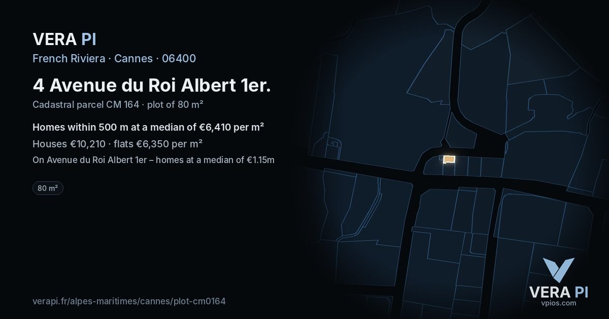 4 Avenue du Roi Albert 1er, Cannes at night – the plot lit, the parcels around coloured by the prices near them