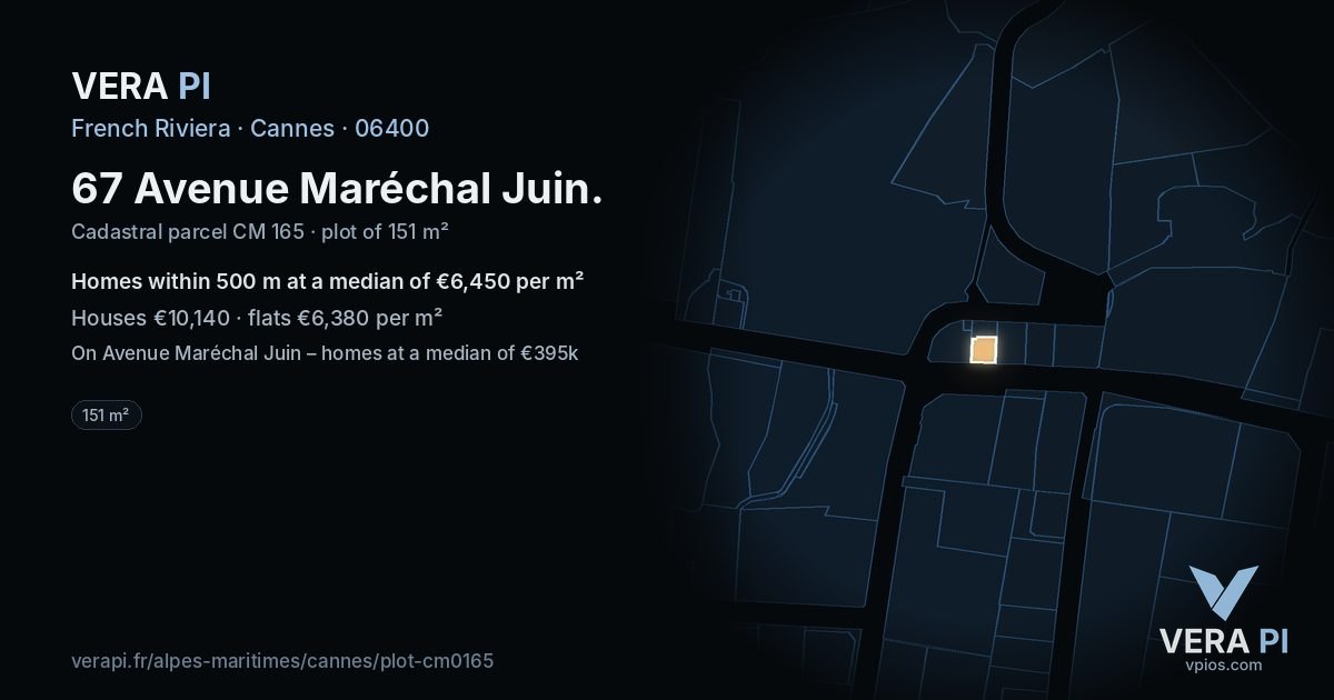 67 Avenue Maréchal Juin, Cannes at night – the plot lit, the parcels around coloured by the prices near them