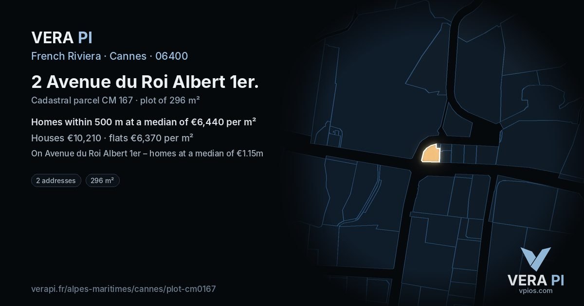 2 Avenue du Roi Albert 1er, Cannes at night – the plot lit, the parcels around coloured by the prices near them