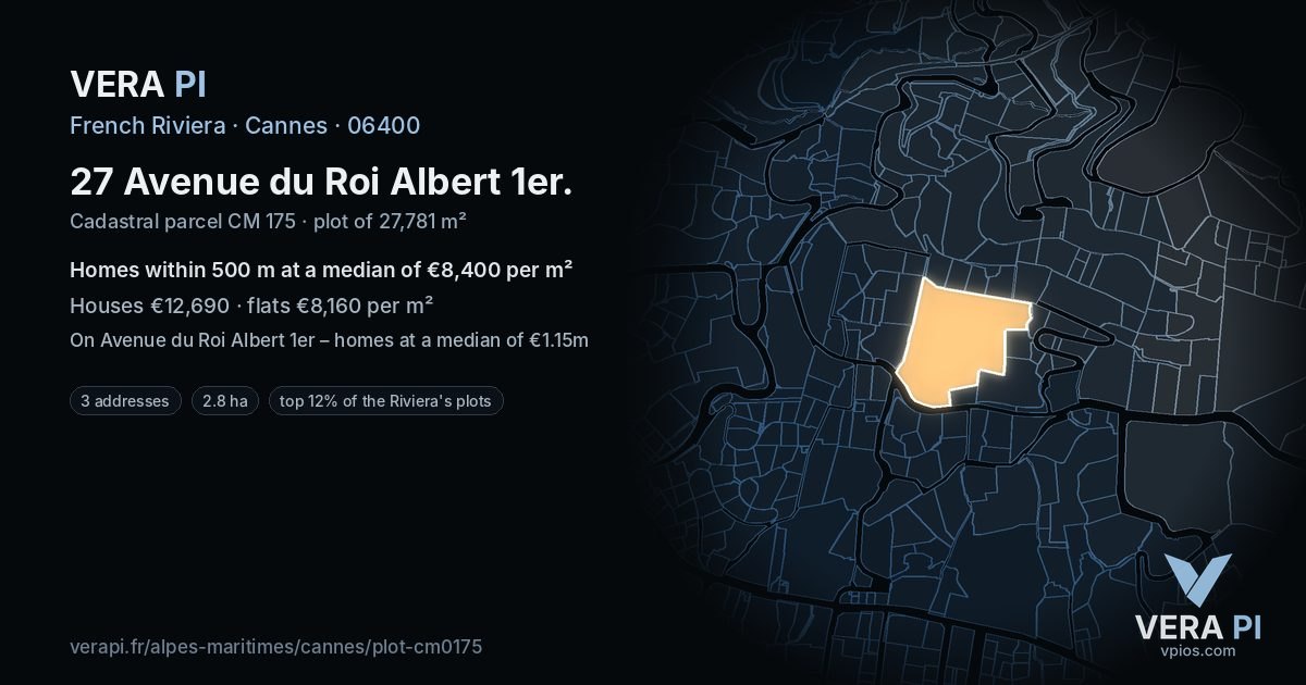 27 Avenue du Roi Albert 1er, Cannes at night – the plot lit, the parcels around coloured by the prices near them