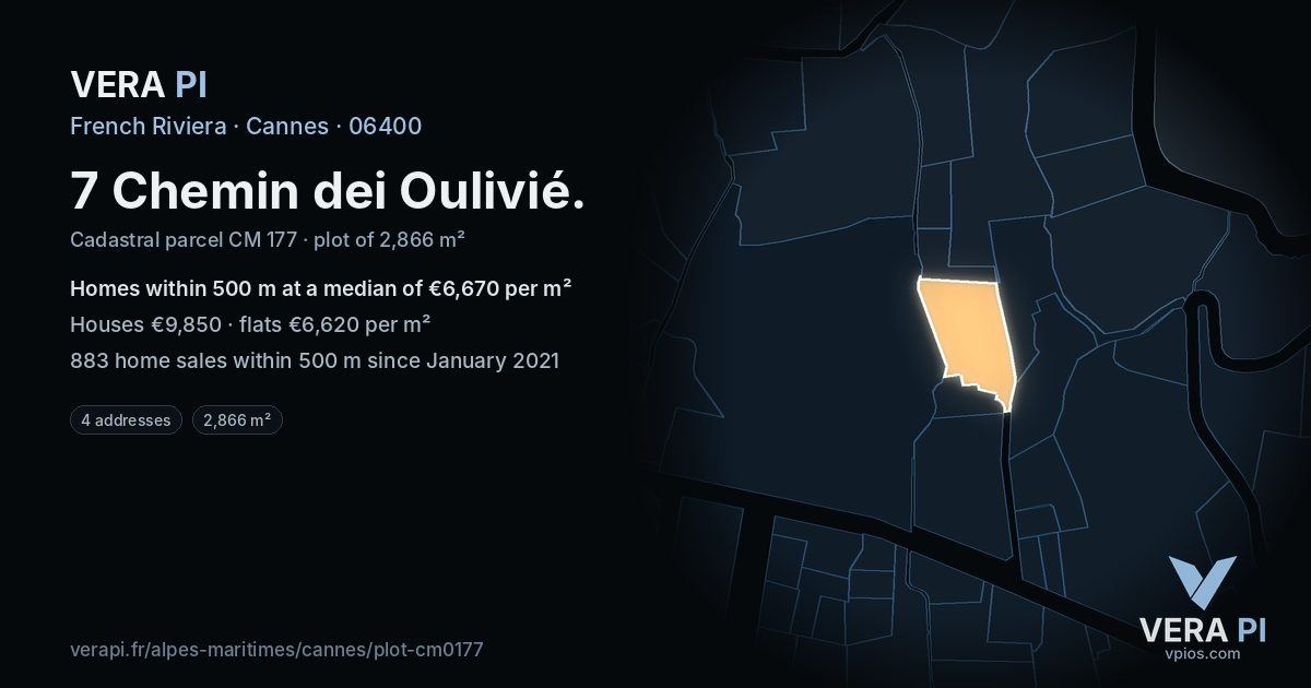 7 Chemin dei Oulivié, Cannes at night – the plot lit, the parcels around coloured by the prices near them