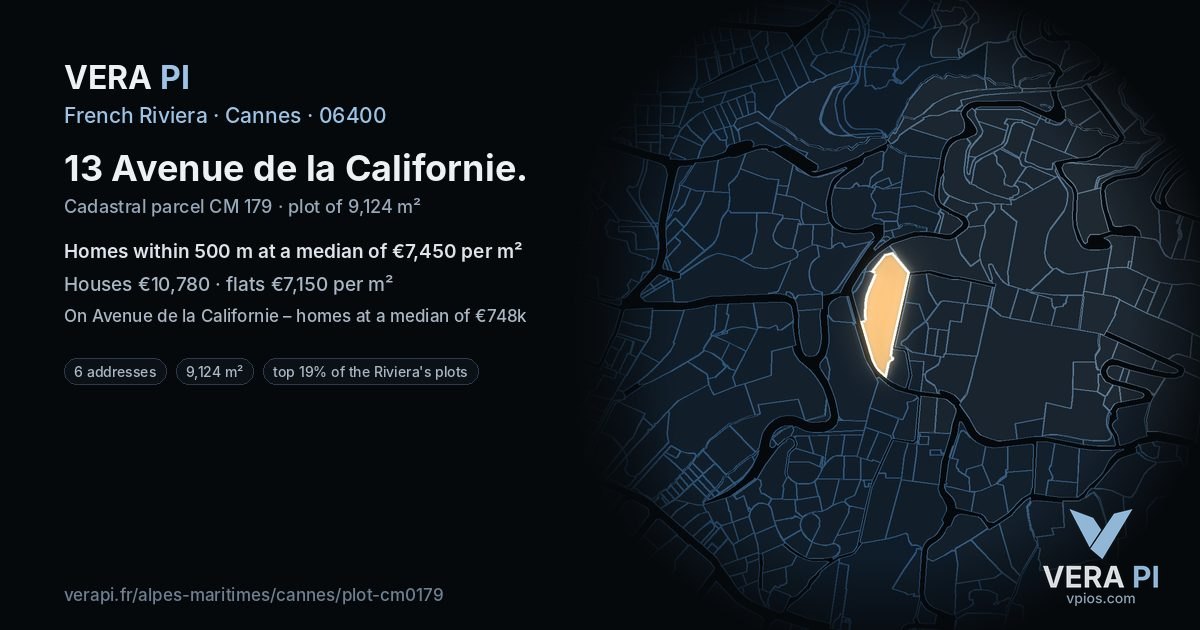13 Avenue de la Californie, Cannes at night – the plot lit, the parcels around coloured by the prices near them