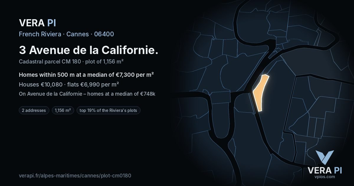 3 Avenue de la Californie, Cannes at night – the plot lit, the parcels around coloured by the prices near them