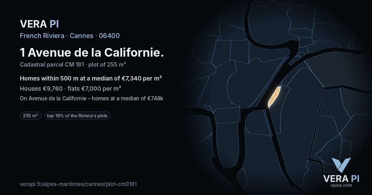 1 Avenue de la Californie, Cannes at night – the plot lit, the parcels around coloured by the prices near them