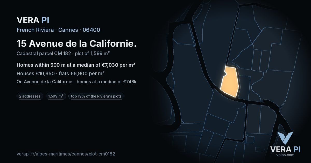 15 Avenue de la Californie, Cannes at night – the plot lit, the parcels around coloured by the prices near them