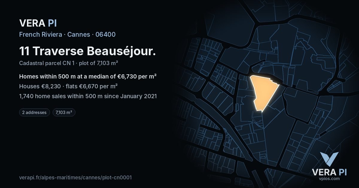 11 Traverse Beauséjour, Cannes at night – the plot lit, the parcels around coloured by the prices near them