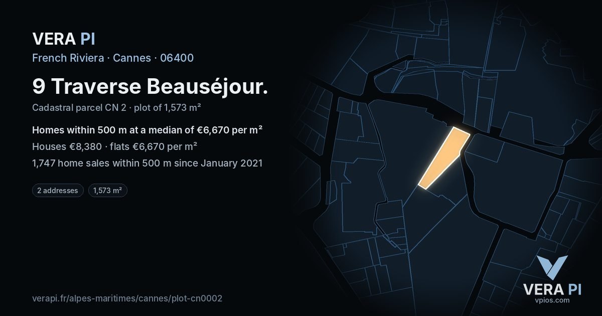9 Traverse Beauséjour, Cannes at night – the plot lit, the parcels around coloured by the prices near them
