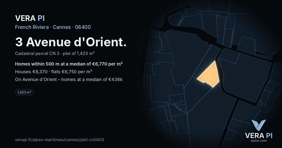 3 Avenue d'Orient, Cannes at night – the plot lit, the parcels around coloured by the prices near them