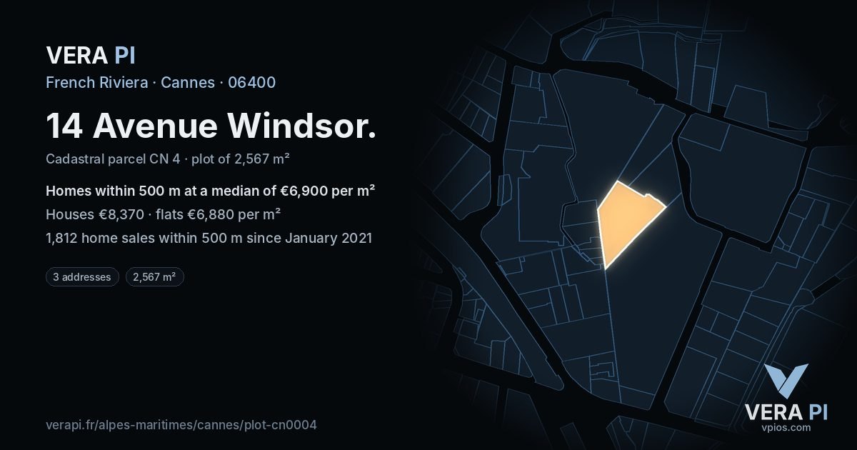 14 Avenue Windsor, Cannes at night – the plot lit, the parcels around coloured by the prices near them