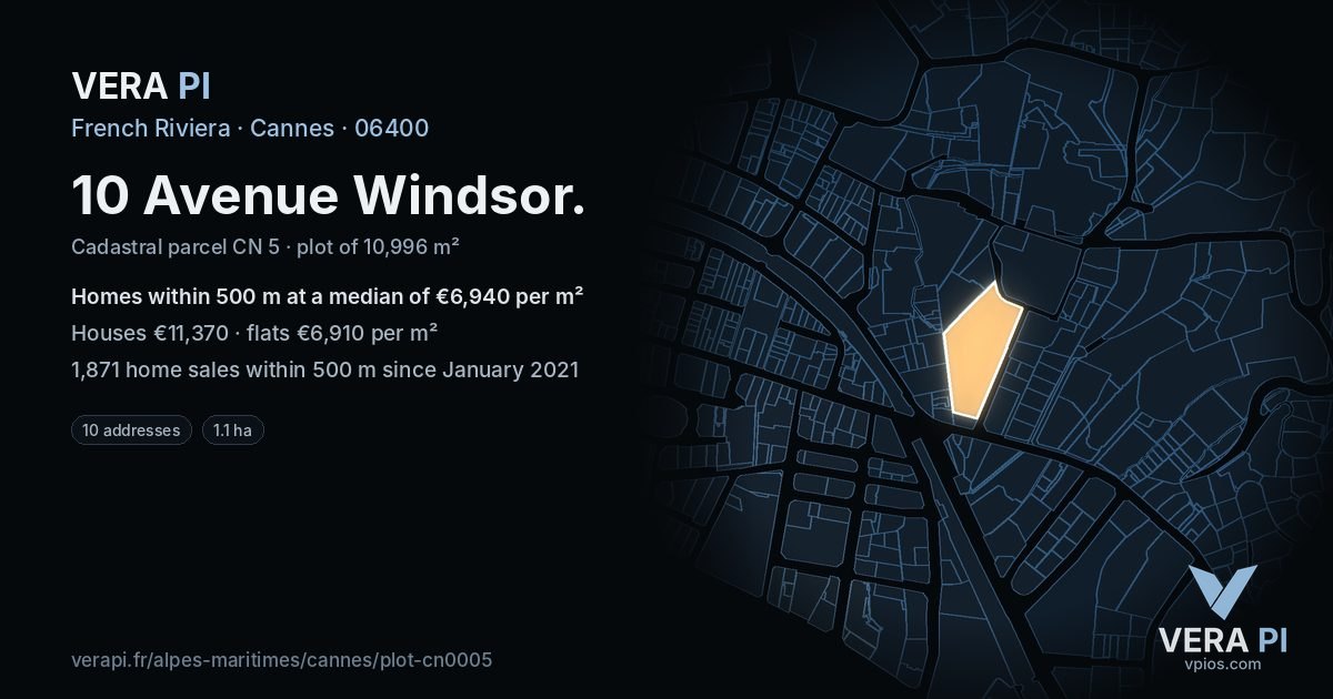 10 Avenue Windsor, Cannes at night – the plot lit, the parcels around coloured by the prices near them