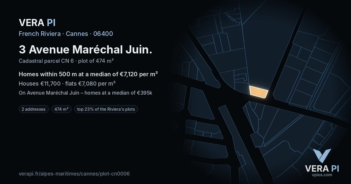 3 Avenue Maréchal Juin, Cannes at night – the plot lit, the parcels around coloured by the prices near them