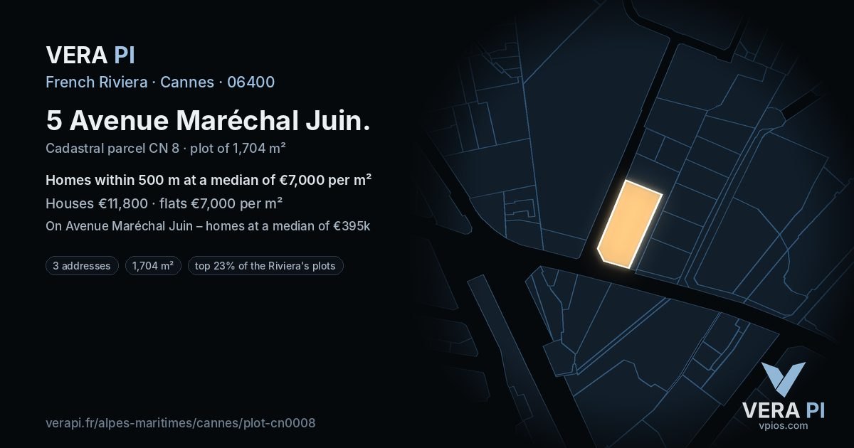 5 Avenue Maréchal Juin, Cannes at night – the plot lit, the parcels around coloured by the prices near them