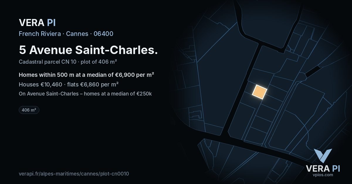 5 Avenue Saint-Charles, Cannes at night – the plot lit, the parcels around coloured by the prices near them