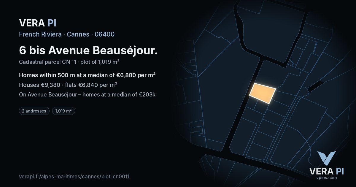 6 bis Avenue Beauséjour, Cannes at night – the plot lit, the parcels around coloured by the prices near them