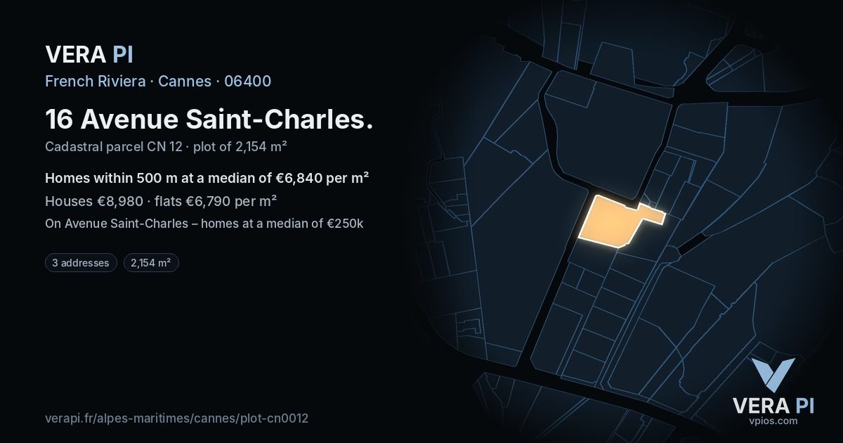 16 Avenue Saint-Charles, Cannes at night – the plot lit, the parcels around coloured by the prices near them